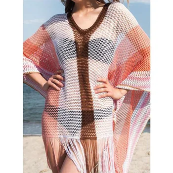 2022 Moda Yaz Kadın Mayo Seksi Plaj Tarzı V Yaka Gevşek Patchwork Püskül Hollow Out Kadın Sundress Güneş Genel C3477